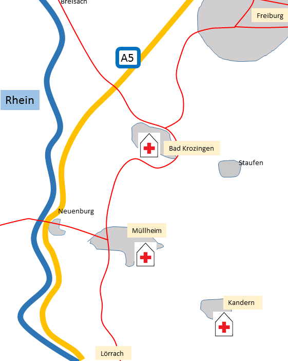 Karte der DRK-Rettungswachenstandorte Kandern, Müllheim und Bad Krozingen